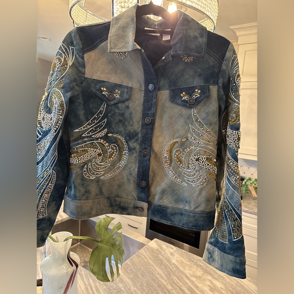 Chico’s heavily embellished denim jacket
Chico’s size 0 or 2/4 evening
